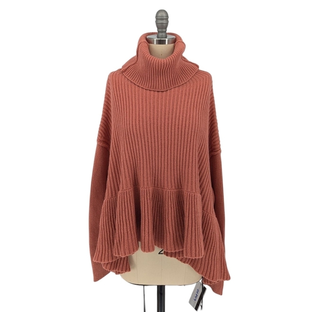 Free People Turtleneck Ruffle Chunky Sweater Pink XS bohemian cottagecore fall